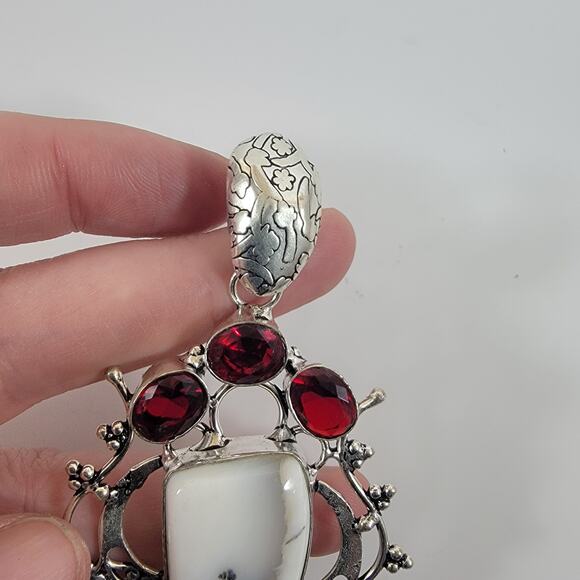 Handmade Silver Pendant with Dendritic Opal & Red Garnet in Ornate Setting - Picture 4 of 10